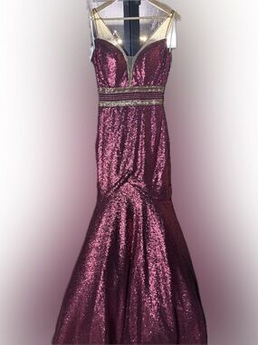 Vienna Prom Mermaid Train in Deep Red “wet” sequins with Gold Trim sz 2